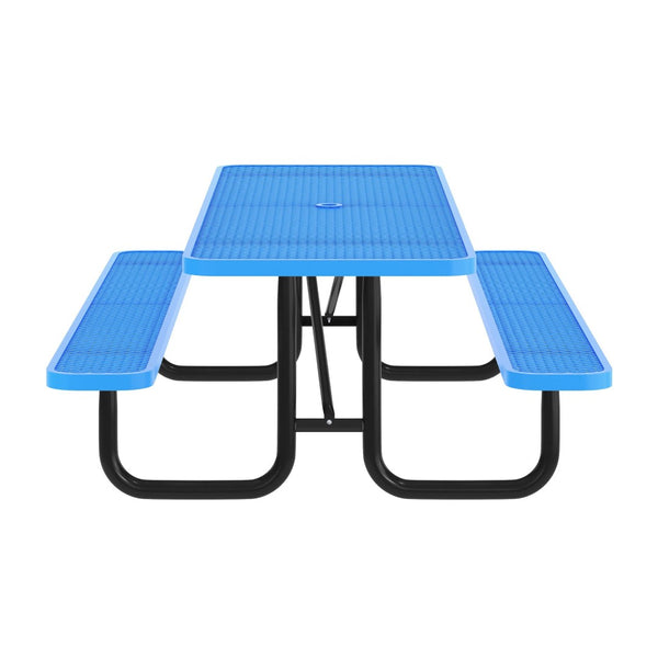 English Elm Mantilla 6' Rectangular Outdoor Picnic Table with Heavy-Duty Metal Mesh Top, Steel Frame & Anchors Blue 57.5"W x 95.75"D x 30"H SLF-EML96-H60L-BL-GG