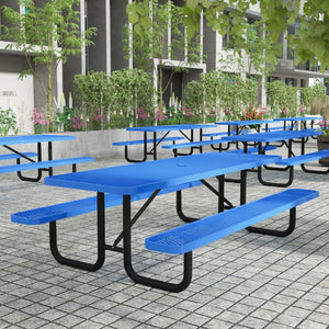 English Elm Mantilla 6' Rectangular Outdoor Picnic Table with Heavy-Duty Metal Mesh Top, Steel Frame & Anchors Blue 57.5"W x 95.75"D x 30"H SLF-EML96-H60L-BL-GG