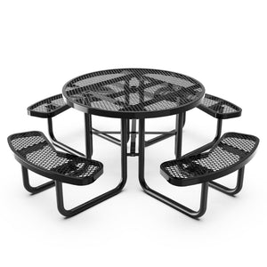 English Elm Creekside 46" Round Heavy-Duty Outdoor Picnic Table with Umbrella Hole for Commercial Use & Relaxation Black 82.5"W x 82.5"D x 29"H; Seat Size: 38.5"W x 11.75"D x 17.25"H SLF-EMR-46-BK-GG