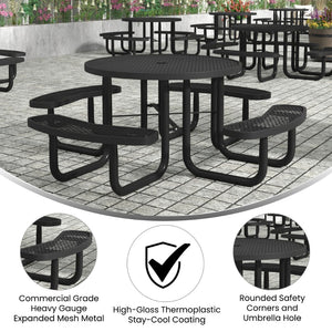 English Elm Creekside 46" Round Heavy-Duty Outdoor Picnic Table with Umbrella Hole for Commercial Use & Relaxation Black 82.5"W x 82.5"D x 29"H; Seat Size: 38.5"W x 11.75"D x 17.25"H SLF-EMR-46-BK-GG