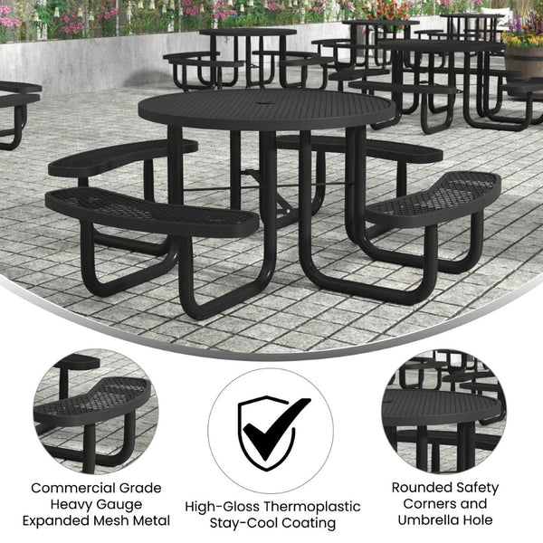 English Elm Creekside 46" Round Heavy-Duty Outdoor Picnic Table with Umbrella Hole for Commercial Use & Relaxation Black 82.5"W x 82.5"D x 29"H; Seat Size: 38.5"W x 11.75"D x 17.25"H SLF-EMR-46-BK-GG
