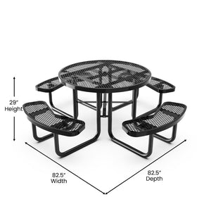 English Elm Creekside 46" Round Heavy-Duty Outdoor Picnic Table with Umbrella Hole for Commercial Use & Relaxation Black 82.5"W x 82.5"D x 29"H; Seat Size: 38.5"W x 11.75"D x 17.25"H SLF-EMR-46-BK-GG