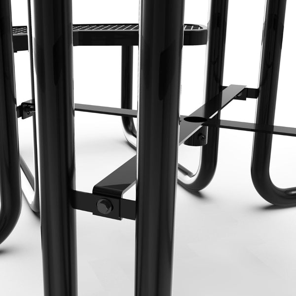 English Elm Creekside 46" Round Heavy-Duty Outdoor Picnic Table with Umbrella Hole for Commercial Use & Relaxation Black 82.5"W x 82.5"D x 29"H; Seat Size: 38.5"W x 11.75"D x 17.25"H SLF-EMR-46-BK-GG