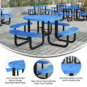English Elm Creekside 46" Round Heavy-Duty Outdoor Picnic Table with Umbrella Hole for Commercial Use & Relaxation Blue 82.5"W x 82.5"D x 29"H; Seat Size: 38.5"W x 11.75"D x 17.25"H SLF-EMR-46-BL-GG