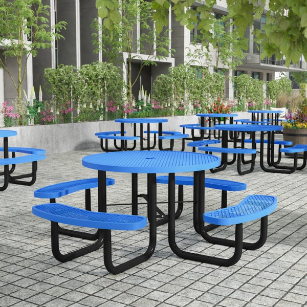 English Elm Creekside 46" Round Heavy-Duty Outdoor Picnic Table with Umbrella Hole for Commercial Use & Relaxation Blue 82.5"W x 82.5"D x 29"H; Seat Size: 38.5"W x 11.75"D x 17.25"H SLF-EMR-46-BL-GG