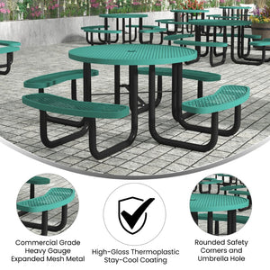 English Elm Creekside 46" Round Heavy-Duty Outdoor Picnic Table with Umbrella Hole for Commercial Use & Relaxation Green 82.5"W x 82.5"D x 29"H; Seat Size: 38.5"W x 11.75"D x 17.25"H SLF-EMR-46-GN-GG