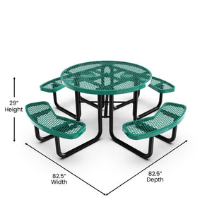 English Elm Creekside 46" Round Heavy-Duty Outdoor Picnic Table with Umbrella Hole for Commercial Use & Relaxation Green 82.5"W x 82.5"D x 29"H; Seat Size: 38.5"W x 11.75"D x 17.25"H SLF-EMR-46-GN-GG