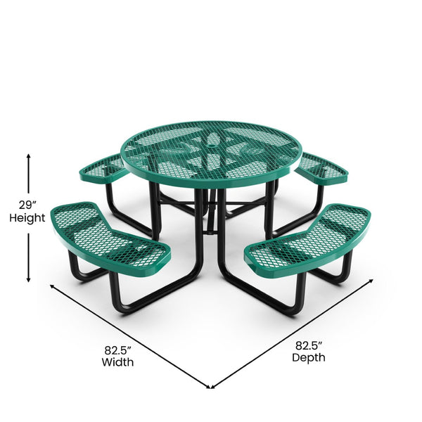 English Elm Creekside 46" Round Heavy-Duty Outdoor Picnic Table with Umbrella Hole for Commercial Use & Relaxation Green 82.5"W x 82.5"D x 29"H; Seat Size: 38.5"W x 11.75"D x 17.25"H SLF-EMR-46-GN-GG