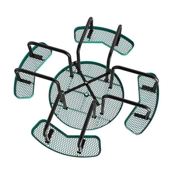 English Elm Creekside 46" Round Heavy-Duty Outdoor Picnic Table with Umbrella Hole for Commercial Use & Relaxation Green 82.5"W x 82.5"D x 29"H; Seat Size: 38.5"W x 11.75"D x 17.25"H SLF-EMR-46-GN-GG