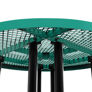 English Elm Creekside 46" Round Heavy-Duty Outdoor Picnic Table with Umbrella Hole for Commercial Use & Relaxation Green 82.5"W x 82.5"D x 29"H; Seat Size: 38.5"W x 11.75"D x 17.25"H SLF-EMR-46-GN-GG