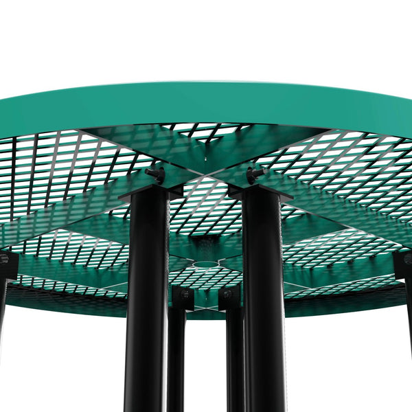 English Elm Creekside 46" Round Heavy-Duty Outdoor Picnic Table with Umbrella Hole for Commercial Use & Relaxation Green 82.5"W x 82.5"D x 29"H; Seat Size: 38.5"W x 11.75"D x 17.25"H SLF-EMR-46-GN-GG