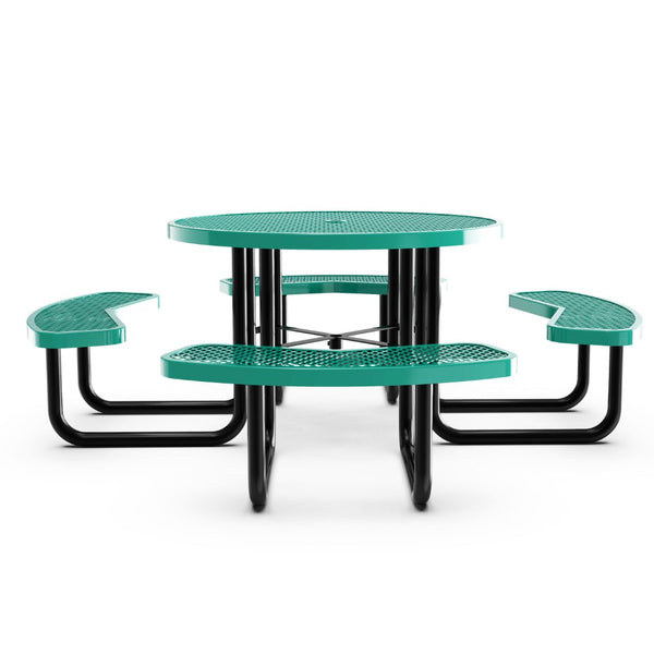English Elm Creekside 46" Round Heavy-Duty Outdoor Picnic Table with Umbrella Hole for Commercial Use & Relaxation Green 82.5"W x 82.5"D x 29"H; Seat Size: 38.5"W x 11.75"D x 17.25"H SLF-EMR-46-GN-GG