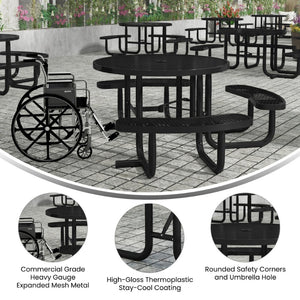 English Elm Creekside 46" Round Wheelchair Accessible Picnic Table - Durable Metal Design for Outdoor Comfort Black 82.5"W x 82.5"D x 29"H; Seat Size: 38.5"W x 11.75"D x 17.25"H SLF-EMR-46ADA-BK-GG
