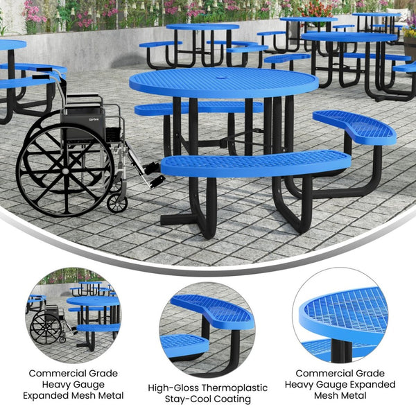 English Elm Creekside 46" Round Wheelchair Accessible Picnic Table - Durable Metal Design for Outdoor Comfort Blue 82.5"W x 82.5"D x 29"H; Seat Size: 38.5"W x 11.75"D x 17.25"H SLF-EMR-46ADA-BL-GG