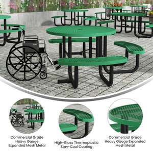 English Elm Creekside 46" Round Wheelchair Accessible Picnic Table - Durable Metal Design for Outdoor Comfort Green 82.5"W x 82.5"D x 29"H; Seat Size: 38.5"W x 11.75"D x 17.25"H SLF-EMR-46ADA-GN-GG