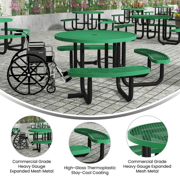 English Elm Creekside 46" Round Wheelchair Accessible Picnic Table - Durable Metal Design for Outdoor Comfort Green 82.5"W x 82.5"D x 29"H; Seat Size: 38.5"W x 11.75"D x 17.25"H SLF-EMR-46ADA-GN-GG
