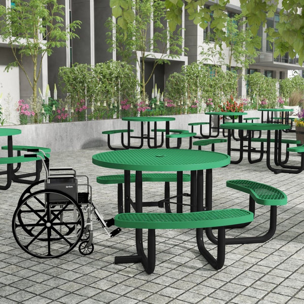 English Elm Creekside 46" Round Wheelchair Accessible Picnic Table - Durable Metal Design for Outdoor Comfort Green 82.5"W x 82.5"D x 29"H; Seat Size: 38.5"W x 11.75"D x 17.25"H SLF-EMR-46ADA-GN-GG