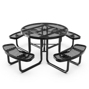 English Elm Creekside 46" Round Outdoor Picnic Table - Durable Heavy Gauge Steel Frame with Umbrella Hole & Comfort Black 82.5"W x 82.5"D x 29"H; Seat Size: 38.5"W x 11.75"D x 17.25"H SLF-EMR46-H60L-BK-GG