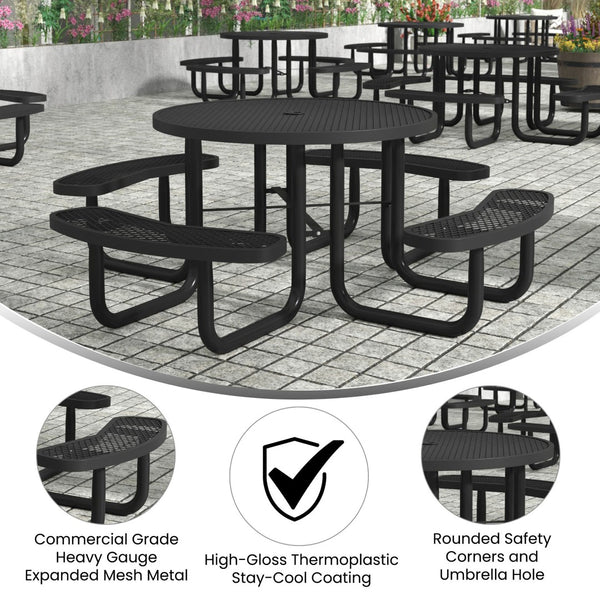 English Elm Creekside 46" Round Outdoor Picnic Table - Durable Heavy Gauge Steel Frame with Umbrella Hole & Comfort Black 82.5"W x 82.5"D x 29"H; Seat Size: 38.5"W x 11.75"D x 17.25"H SLF-EMR46-H60L-BK-GG