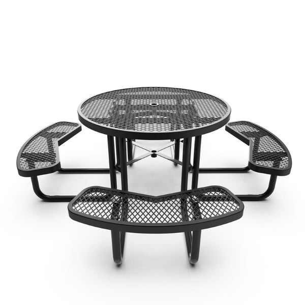 English Elm Creekside 46" Round Outdoor Picnic Table - Durable Heavy Gauge Steel Frame with Umbrella Hole & Comfort Black 82.5"W x 82.5"D x 29"H; Seat Size: 38.5"W x 11.75"D x 17.25"H SLF-EMR46-H60L-BK-GG