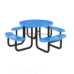 English Elm Creekside 46" Round Outdoor Picnic Table - Durable Heavy Gauge Steel Frame with Umbrella Hole & Comfort Blue 82.5"W x 82.5"D x 29"H; Seat Size: 38.5"W x 11.75"D x 17.25"H SLF-EMR46-H60L-BL-GG