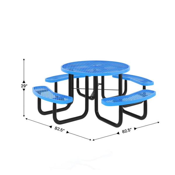 English Elm Creekside 46" Round Outdoor Picnic Table - Durable Heavy Gauge Steel Frame with Umbrella Hole & Comfort Blue 82.5"W x 82.5"D x 29"H; Seat Size: 38.5"W x 11.75"D x 17.25"H SLF-EMR46-H60L-BL-GG
