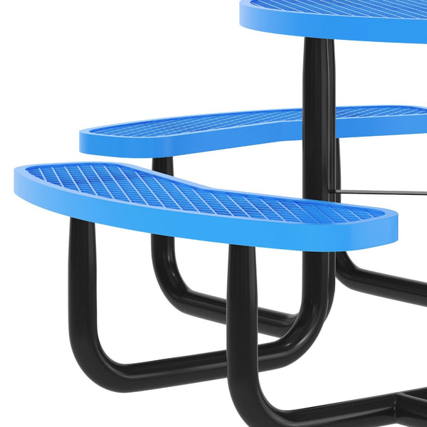 English Elm Creekside 46" Round Outdoor Picnic Table - Durable Heavy Gauge Steel Frame with Umbrella Hole & Comfort Blue 82.5"W x 82.5"D x 29"H; Seat Size: 38.5"W x 11.75"D x 17.25"H SLF-EMR46-H60L-BL-GG