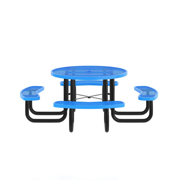 English Elm Creekside 46" Round Outdoor Picnic Table - Durable Heavy Gauge Steel Frame with Umbrella Hole & Comfort Blue 82.5"W x 82.5"D x 29"H; Seat Size: 38.5"W x 11.75"D x 17.25"H SLF-EMR46-H60L-BL-GG