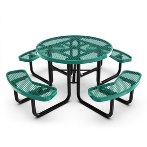 English Elm Creekside 46" Round Outdoor Picnic Table - Durable Heavy Gauge Steel Frame with Umbrella Hole & Comfort Green 82.5"W x 82.5"D x 29"H; Seat Size: 38.5"W x 11.75"D x 17.25"H SLF-EMR46-H60L-GN-GG