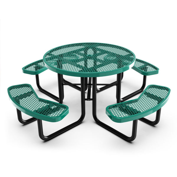 English Elm Creekside 46" Round Outdoor Picnic Table - Durable Heavy Gauge Steel Frame with Umbrella Hole & Comfort Green 82.5"W x 82.5"D x 29"H; Seat Size: 38.5"W x 11.75"D x 17.25"H SLF-EMR46-H60L-GN-GG