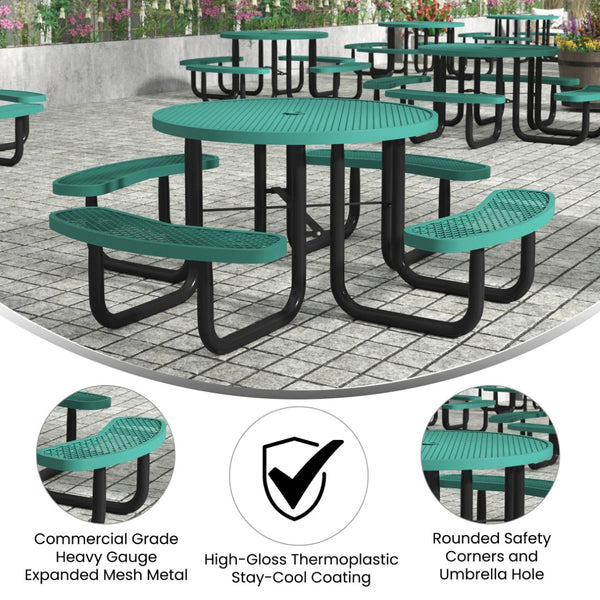 English Elm Creekside 46" Round Outdoor Picnic Table - Durable Heavy Gauge Steel Frame with Umbrella Hole & Comfort Green 82.5"W x 82.5"D x 29"H; Seat Size: 38.5"W x 11.75"D x 17.25"H SLF-EMR46-H60L-GN-GG