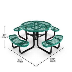 English Elm Creekside 46" Round Outdoor Picnic Table - Durable Heavy Gauge Steel Frame with Umbrella Hole & Comfort Green 82.5"W x 82.5"D x 29"H; Seat Size: 38.5"W x 11.75"D x 17.25"H SLF-EMR46-H60L-GN-GG