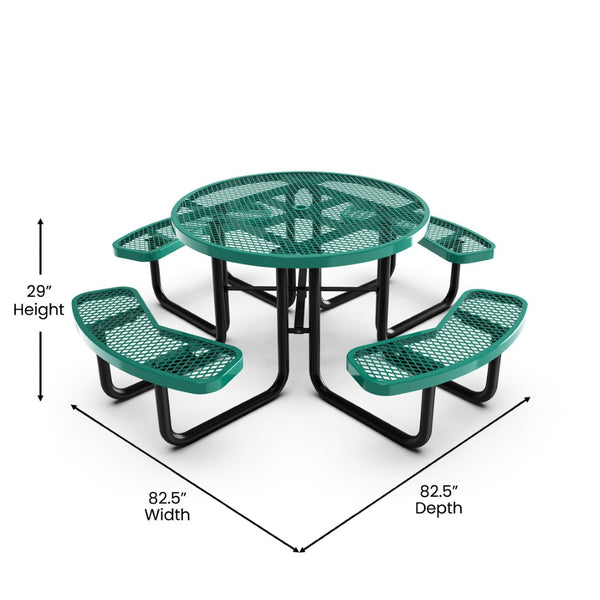 English Elm Creekside 46" Round Outdoor Picnic Table - Durable Heavy Gauge Steel Frame with Umbrella Hole & Comfort Green 82.5"W x 82.5"D x 29"H; Seat Size: 38.5"W x 11.75"D x 17.25"H SLF-EMR46-H60L-GN-GG