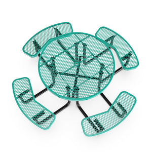 English Elm Creekside 46" Round Outdoor Picnic Table - Durable Heavy Gauge Steel Frame with Umbrella Hole & Comfort Green 82.5"W x 82.5"D x 29"H; Seat Size: 38.5"W x 11.75"D x 17.25"H SLF-EMR46-H60L-GN-GG