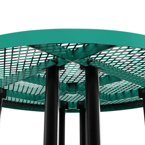 English Elm Creekside 46" Round Outdoor Picnic Table - Durable Heavy Gauge Steel Frame with Umbrella Hole & Comfort Green 82.5"W x 82.5"D x 29"H; Seat Size: 38.5"W x 11.75"D x 17.25"H SLF-EMR46-H60L-GN-GG