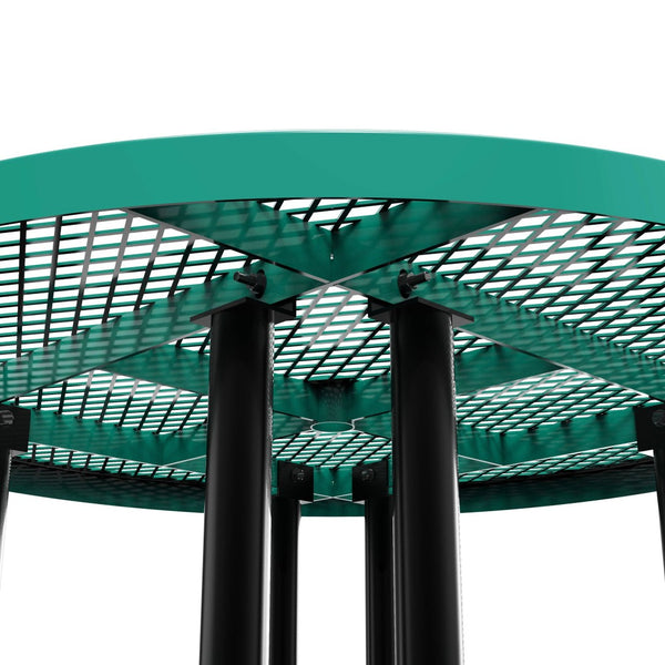 English Elm Creekside 46" Round Outdoor Picnic Table - Durable Heavy Gauge Steel Frame with Umbrella Hole & Comfort Green 82.5"W x 82.5"D x 29"H; Seat Size: 38.5"W x 11.75"D x 17.25"H SLF-EMR46-H60L-GN-GG