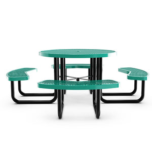 English Elm Creekside 46" Round Outdoor Picnic Table - Durable Heavy Gauge Steel Frame with Umbrella Hole & Comfort Green 82.5"W x 82.5"D x 29"H; Seat Size: 38.5"W x 11.75"D x 17.25"H SLF-EMR46-H60L-GN-GG
