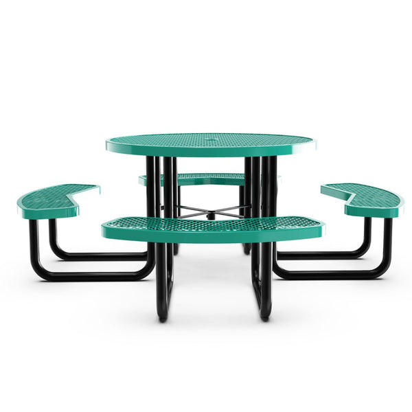 English Elm Creekside 46" Round Outdoor Picnic Table - Durable Heavy Gauge Steel Frame with Umbrella Hole & Comfort Green 82.5"W x 82.5"D x 29"H; Seat Size: 38.5"W x 11.75"D x 17.25"H SLF-EMR46-H60L-GN-GG