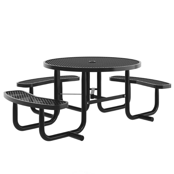 English Elm Creekside 46" Round Wheelchair Accessible Picnic Table with Durable Design and Umbrella Hole Feature Black 82.5"W x 82.5"D x 29"H; Seat Size: 38.5"W x 11.75"D x 17.25"H SLF-EMR46ADA-HL60L-BK-GG