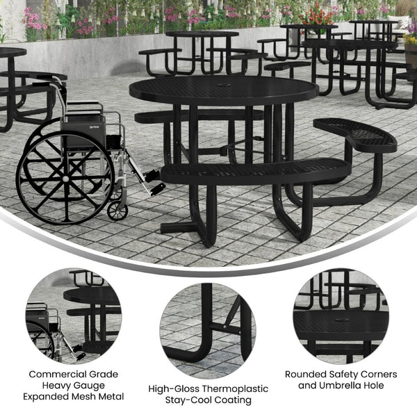 English Elm Creekside 46" Round Wheelchair Accessible Picnic Table with Durable Design and Umbrella Hole Feature Black 82.5"W x 82.5"D x 29"H; Seat Size: 38.5"W x 11.75"D x 17.25"H SLF-EMR46ADA-HL60L-BK-GG