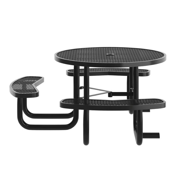 English Elm Creekside 46" Round Wheelchair Accessible Picnic Table with Durable Design and Umbrella Hole Feature Black 82.5"W x 82.5"D x 29"H; Seat Size: 38.5"W x 11.75"D x 17.25"H SLF-EMR46ADA-HL60L-BK-GG