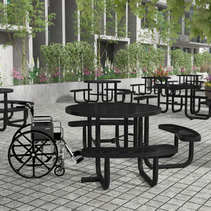 English Elm Creekside 46" Round Wheelchair Accessible Picnic Table with Durable Design and Umbrella Hole Feature Black 82.5"W x 82.5"D x 29"H; Seat Size: 38.5"W x 11.75"D x 17.25"H SLF-EMR46ADA-HL60L-BK-GG