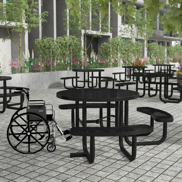 English Elm Creekside 46" Round Wheelchair Accessible Picnic Table with Durable Design and Umbrella Hole Feature Black 82.5"W x 82.5"D x 29"H; Seat Size: 38.5"W x 11.75"D x 17.25"H SLF-EMR46ADA-HL60L-BK-GG