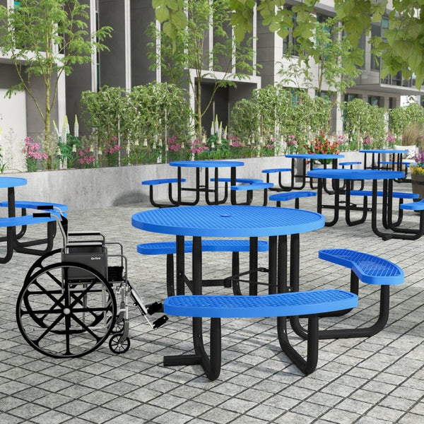 English Elm Creekside 46" Round Wheelchair Accessible Picnic Table with Durable Design and Umbrella Hole Feature Blue 82.5"W x 82.5"D x 29"H; Seat Size: 38.5"W x 11.75"D x 17.25"H SLF-EMR46ADA-HL60L-BL-GG