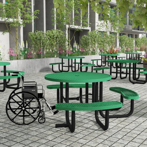 English Elm Creekside 46" Round Wheelchair Accessible Picnic Table with Durable Design and Umbrella Hole Feature Green 82.5"W x 82.5"D x 29"H; Seat Size: 38.5"W x 11.75"D x 17.25"H SLF-EMR46ADA-HL60L-GN-GG