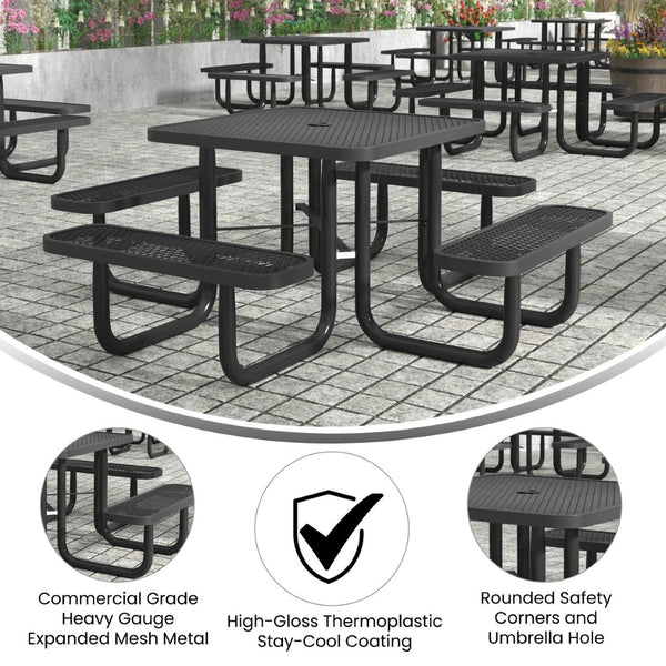 English Elm Creekside 46" Square Outdoor Picnic Table with Durable Mesh Top, Steel Frame, and Umbrella Hole Black 79.75"W x 79.75"D x 28.75"H SLF-EMS-46-BK-GG