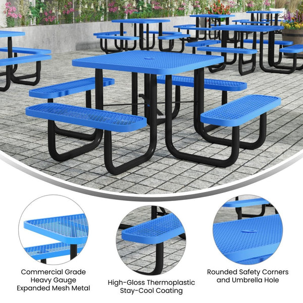 English Elm Creekside 46" Square Outdoor Picnic Table with Durable Mesh Top, Steel Frame, and Umbrella Hole Blue 79.75"W x 79.75"D x 28.75"H SLF-EMS-46-BL-GG