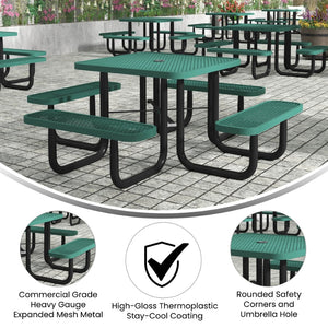 English Elm Creekside 46" Square Outdoor Picnic Table with Durable Mesh Top, Steel Frame, and Umbrella Hole Green 79.75"W x 79.75"D x 28.75"H SLF-EMS-46-GN-GG