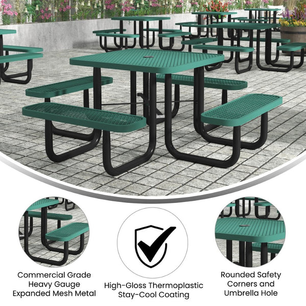 English Elm Creekside 46" Square Outdoor Picnic Table with Durable Mesh Top, Steel Frame, and Umbrella Hole Green 79.75"W x 79.75"D x 28.75"H SLF-EMS-46-GN-GG