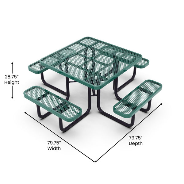 English Elm Creekside 46" Square Outdoor Picnic Table with Durable Mesh Top, Steel Frame, and Umbrella Hole Green 79.75"W x 79.75"D x 28.75"H SLF-EMS-46-GN-GG